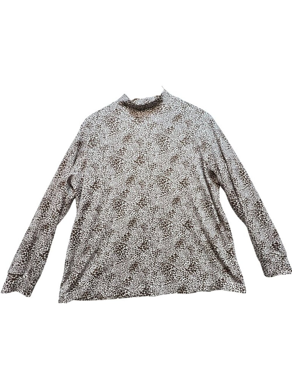 Lands' End Women's Mockneck Top Long Sleeve Size 1X Brown Ivory Leopard Print